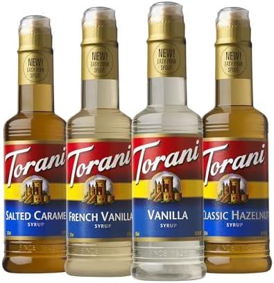Torani Flavored Drink Syrup Café Variety Pack, Vanilla, Salted Caramel, Classic Hazelnut & French Vanilla, 12.7 fl oz (Set of 4)