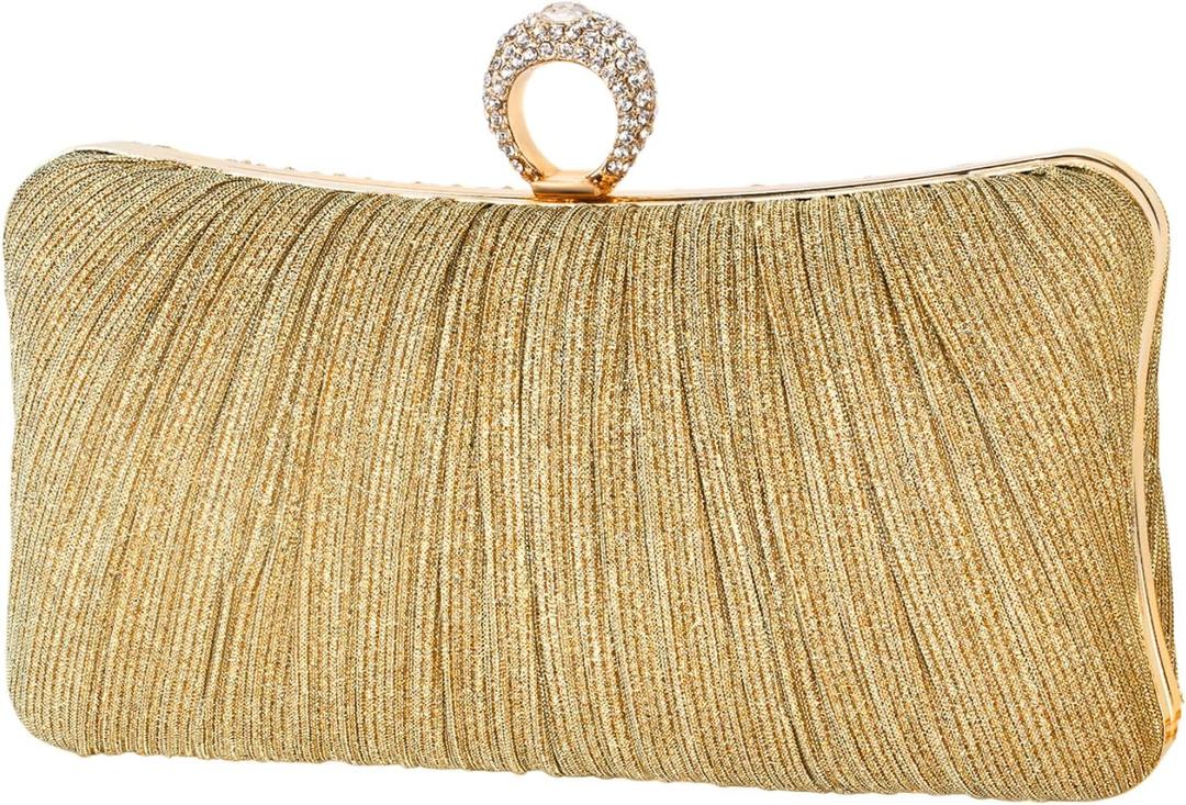 Womens Golden Glitter Clutch Purse Pleated Evening Bag for Bridal Wedding Party with Rhinestone Ring