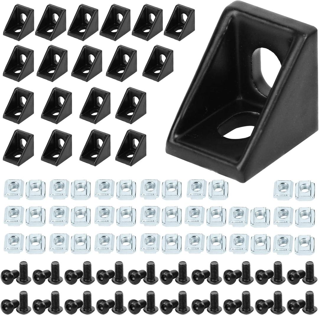 2020 Aluminum Profile Connector Set,20pcs Corner Bracket+40pcs 20 Series M5 T Nuts + 40pcs M5x8mm Hex Socket Cap with Wrench (Black)