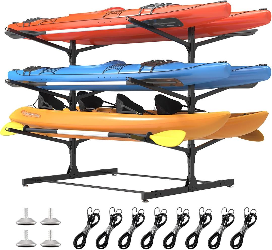 LotFun Kayak Storage Rack, Freestanding Heavy Duty Adjustable Kayak Stand Indoor Outdoor Storage Rack Garage, with Wheels and Foot Pad, for Kayaks, SUPs, Canoes, Surfboard (3 Levels for 6 Kayaks)