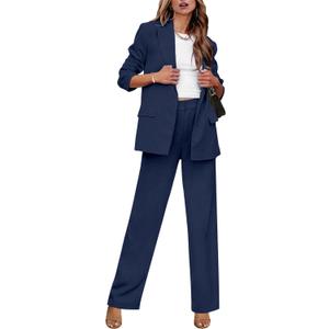 luvamia 2 Piece Outfits for Women Dressy Long Blazer Jackets High Waisted Wide Leg Pants Suits Set Business Casual Office (X-Small, Navy Blue)