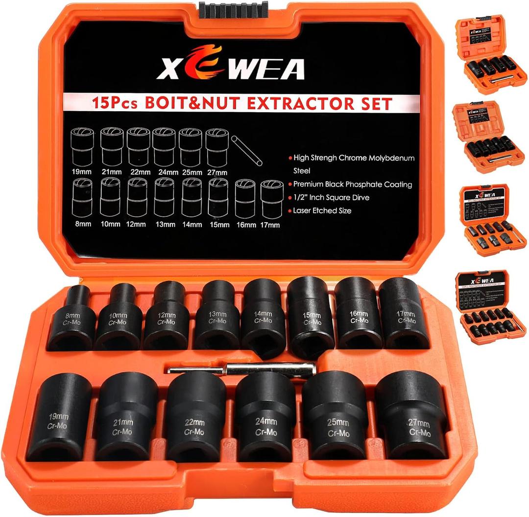 XEWEA 15 PCS 1/2" Drive Lug Nut Removal Tools, Striped Wheel Lock Removal Kit Easy Out Twist Socket Extractor Set for Damaged, Frozen, Rusted, Rounded-Off Bolts Nuts & Screws