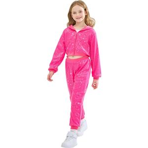 LOLANTA Little Kids Girls' Dance Costumes Sparkly Sequin Jacket & Pants Dance Set Zipper up Coat Outerwear (Rosered, 5-6 Years)