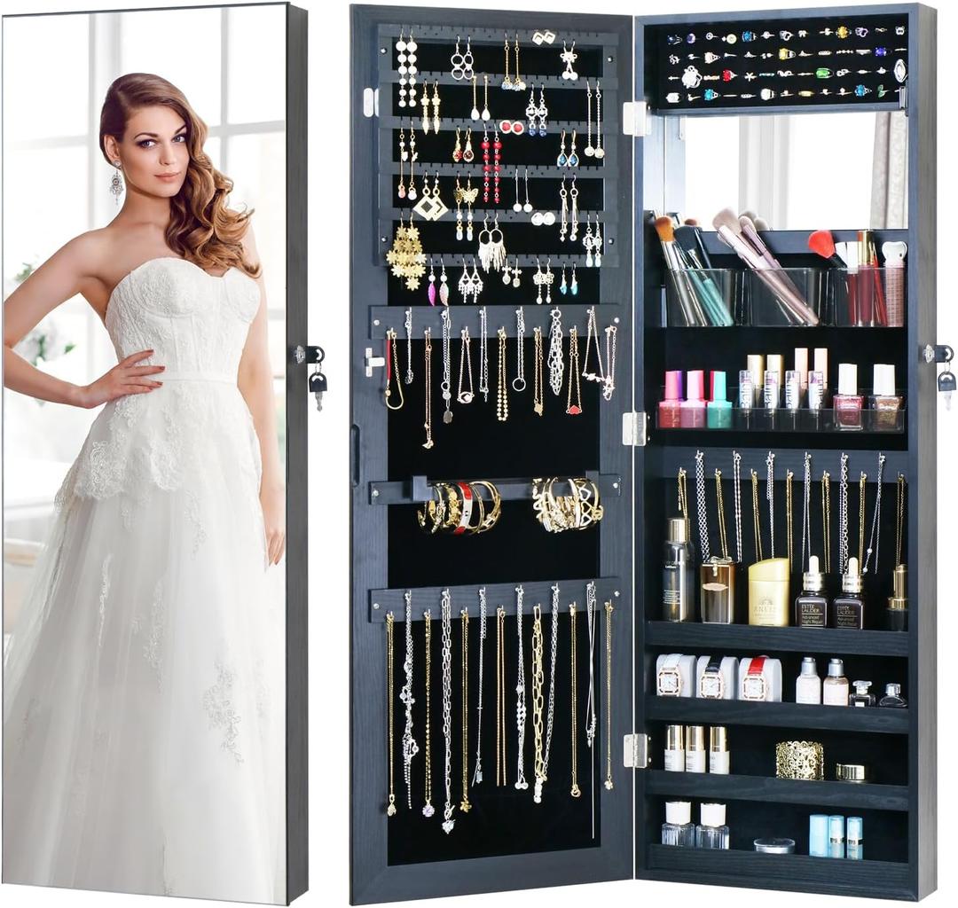 Full Length Mirror Jewelry Cabinet - 2-in-1 Organizer for Makeup and Jewelry,Lockable Door Wall-Mounted Jewelry Armoire with Shelves and Behind the Door Storage Black (43.3*14.6) Full Length Mirror Jewelry Cabinet - 2-in-1 Organizer for Makeup and Jewelry,Lockable Door Wall-Mounted Jewelry Armoire with Shelves and Behind the Door Storage Black (43.3*14.6)