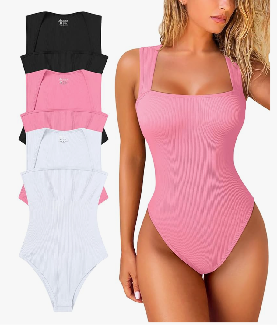 OQQ Women's 3 Piece Bodysuits Sexy Ribbed Strappy Square Neck Sleeveless Tummy Control Tank Tops Bodysuits M