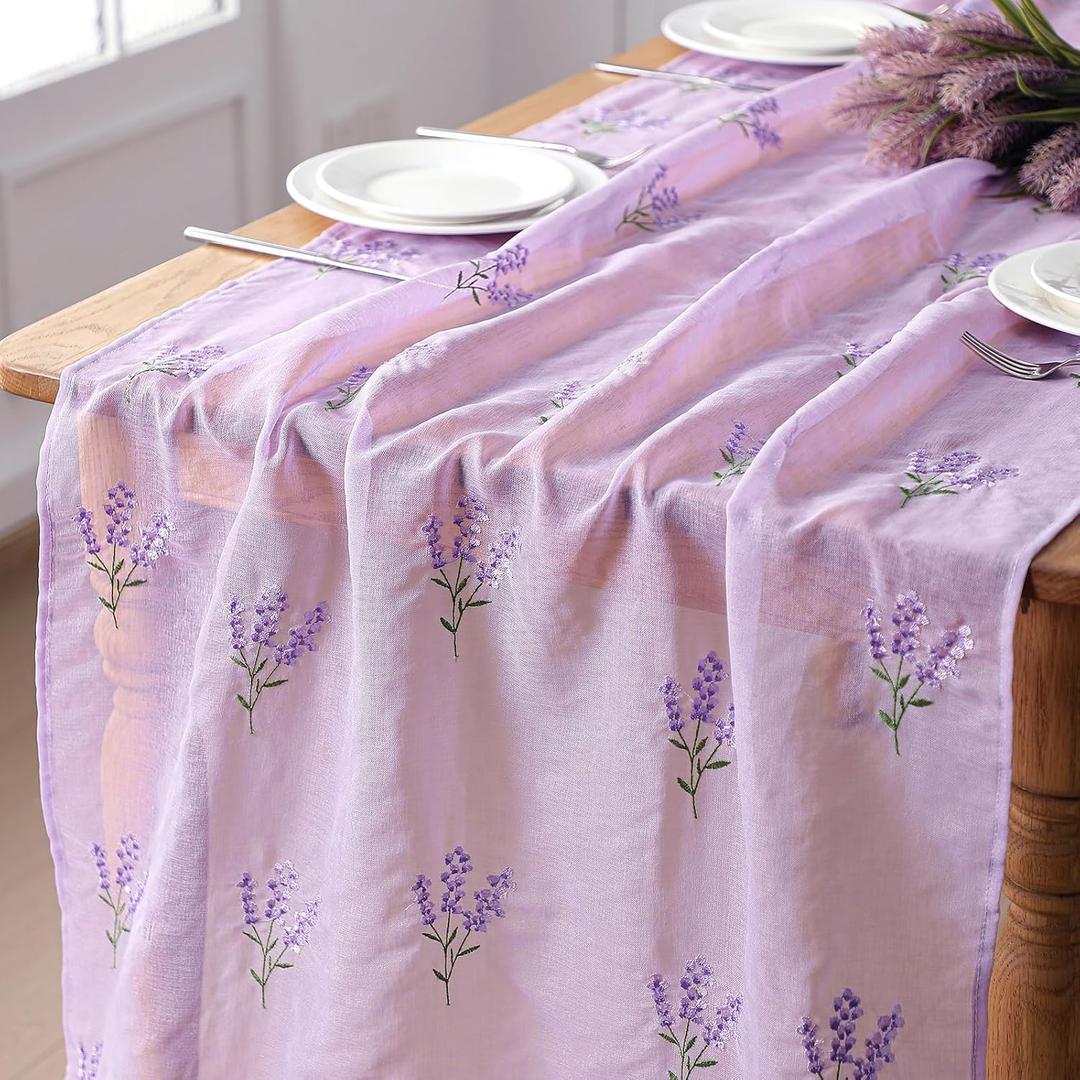 Tudomro Embroidery Lavender Flower Tulle Table Runner 9.2 ft Purple Lavender Spring Cheesecloth Table Runner 110 Inch Gauze Boho Farmhouse Dining for Home Wedding Birthday Baby Shower Christmas Decor