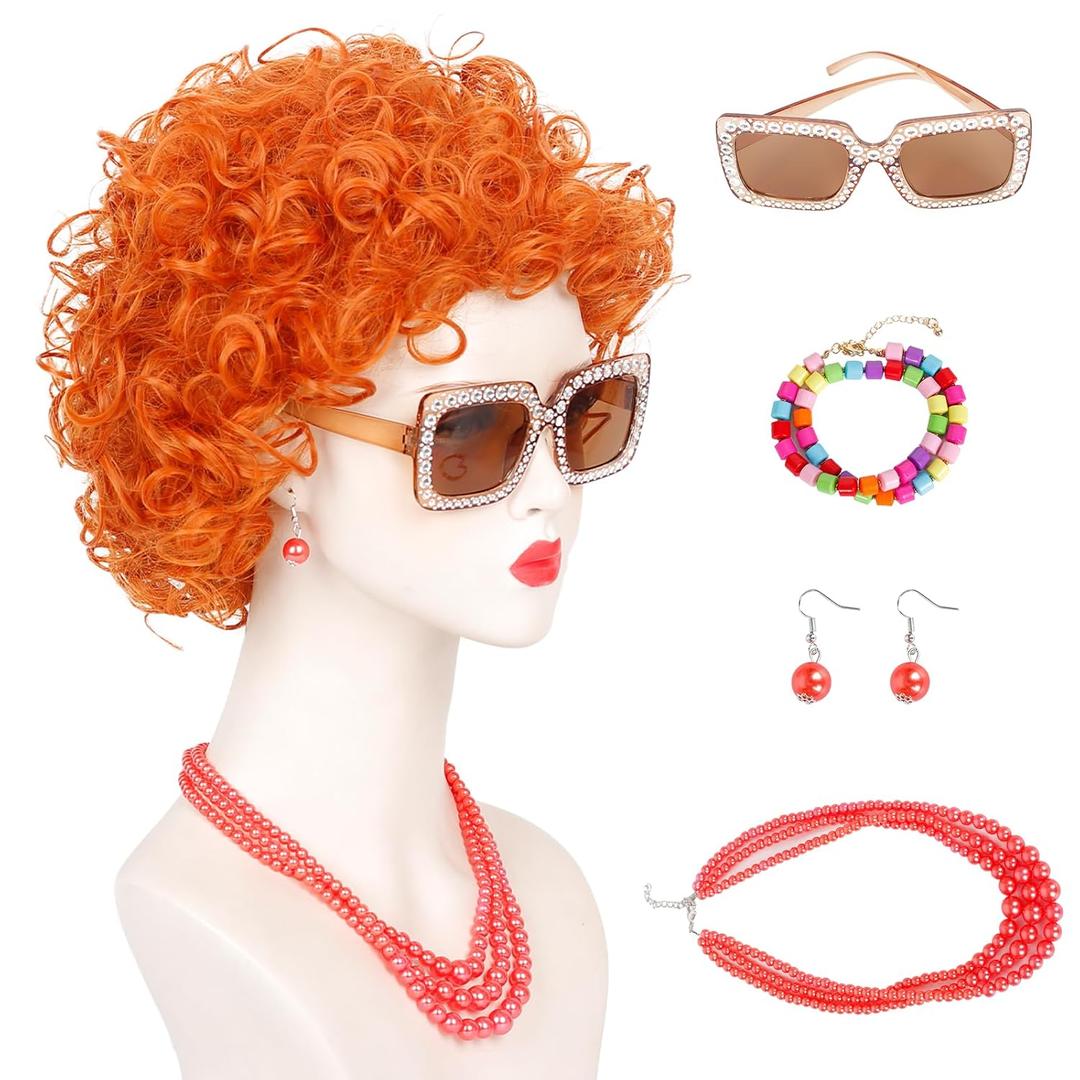 Short Curly Orange Red Cosplay Wig with Sunglasses Jewelry Set for Women Costume Halloween Party