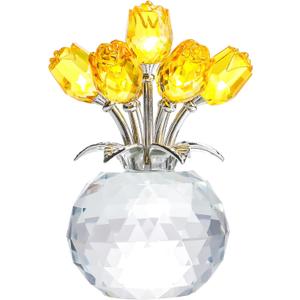YWHL Handmade Crystal Yellow Rose Flower Figurine With Round Vase, Romantic Gifts for Wife Mom on Anniversary Birthday Mother's Day, Glass Flower for Sister Friends, Wedding Home Decorations
