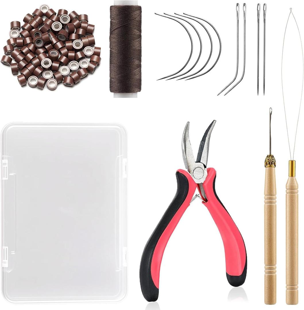 VCAY Hair Extensions Tools Kit, 200 PCS Silicone Lined Ring Beads,1 Three Hole Hair Plier, 1 Threader,1 Crochet Hook,1 Roll Sewing Thread,8 Sewing Needles(Brown)