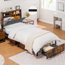 COMHOMA Twin Size Platform Bed Frame with LED Lights and Charging Station, Storage Headboard and Footboard Drawers, No Box Spring Needed, Rustic Wood Look (Vintage Brown and Grey)