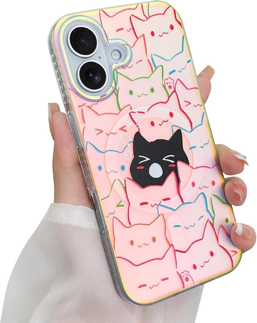 Cute Case for iPhone 17 Case for Women Girls Boys [ Compatible with Magsafe ] Iridescent and Black Cats Cat Pattern Design, Kawaii Colorful Animal Soft Bumper Protective Phone Cover