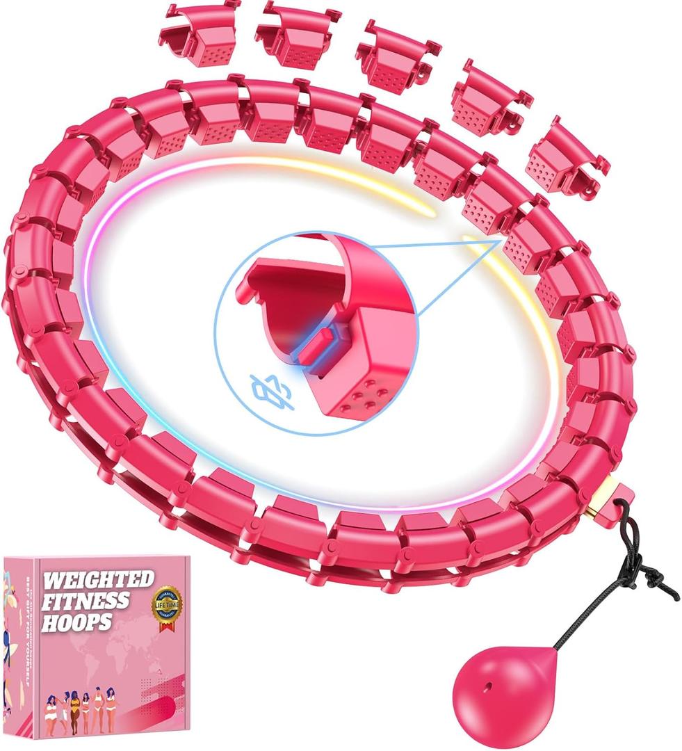 Fit Hoop Weighted Hula Pilates Circles, 32 Detachable Parts & 65-Inch Plus-Size Fit, Weight Loss Fitness Gear, Quiet Home Workout Tool (ROSY)