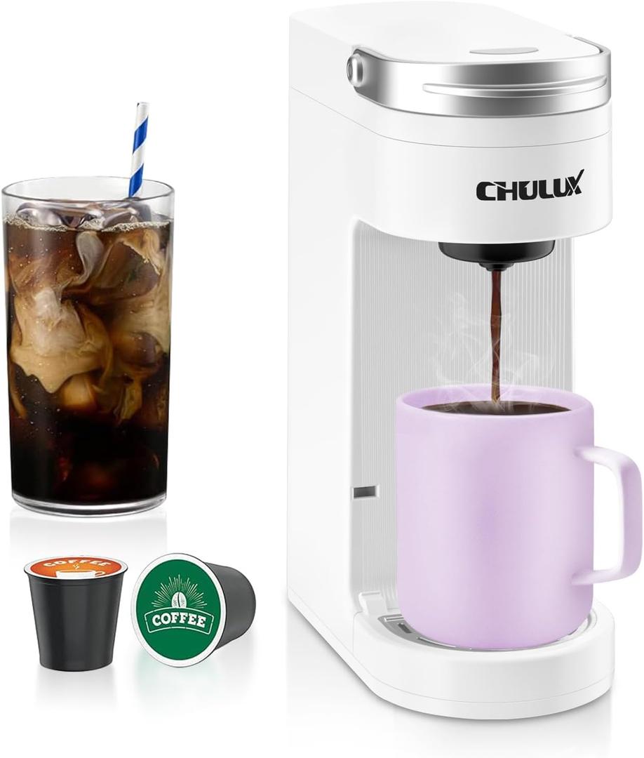CHULUX Slim Single Serve Coffee Maker for K Pod, One Cup Coffee Maker Fits 7.3" Travel Mugs, Coffee Machine with 6 to 12oz Brew Sizes, Pearl White