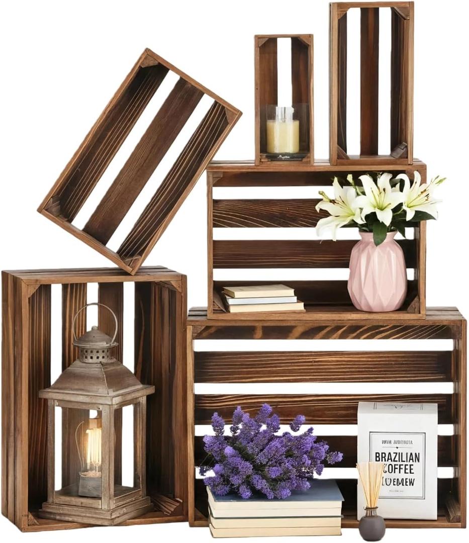 OINETRK Set of 6 Decorative Wood Crates for Display, 6 Size Farmhouse Wooden Baskets Rustic Nesting Crates Decor Boxes with Handle for Storage, Container, Display, Christmas Decorations