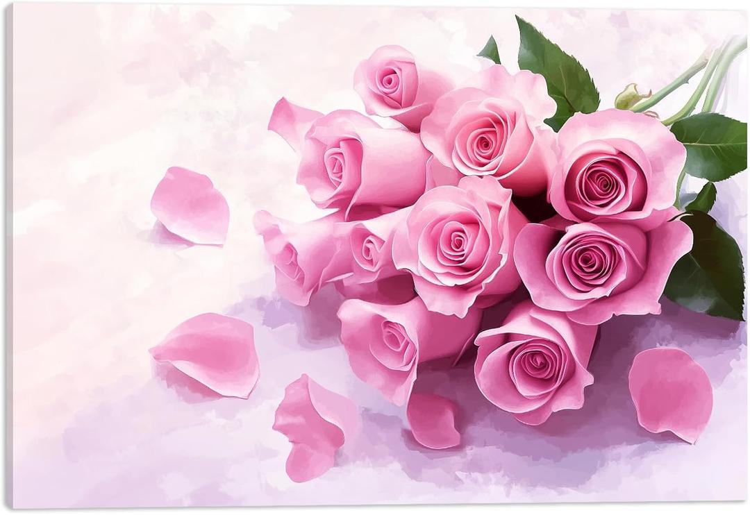 Floral Canvas Wall Art Pink Roses with Petals Painting Modern Pink Romantic Home Decor Picture for Bathroom Bedroom(Artwork-01, 36"x24")