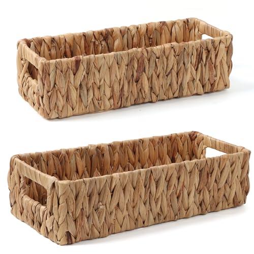 Moosky Wicker Storage Baskets with Handle Water Hyacinth Basket for Organizing Decorative Storage Bins for Countertop Toilet Tank Boho Rectangular Home Organizer (Natural, Set of 2)