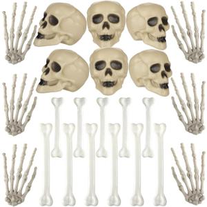 Woanger 32 Pieces Halloween Skull Decor Mini Skull Props Sets, Mini Plastic Skeleton Head and Hands Plastic Bones Skeleton Costume Bones for Halloween Party Photo Prop(Classic)