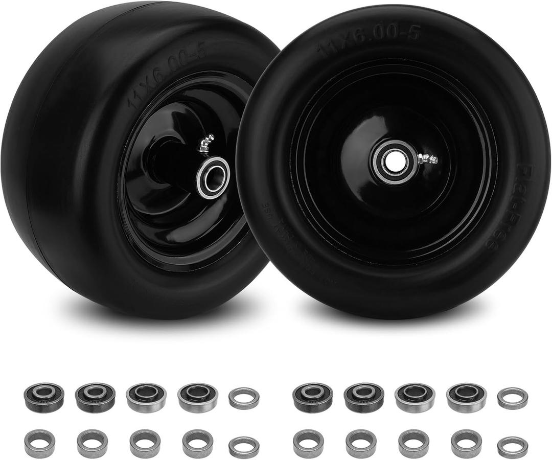 2PCS 11x6.00-5 Flat Free Tire and Wheel with 1/2" & 3/4" & 5/8" Precision Bearings and 5.8"-10.4" Centered Hub, Black Front Zero-Turn Smooth Tire Replacement for Riding Lawn Mowers Garden Tractor