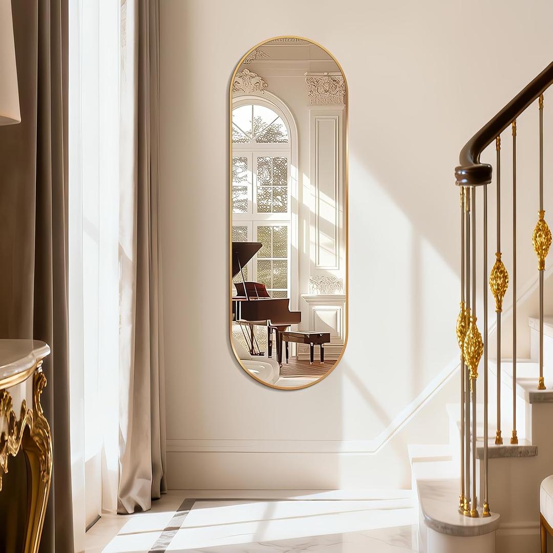 Oval Full Length Mirror, 55"×18" Wall-Mounted Mirror with Gold Frame, Ultra-Clear Explosion-Proof Dressing Mirror, Simple and Classic Deco for Cloakroom/Bedroom/Living Room