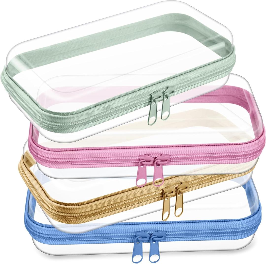 Hoolerry 4 Pcs Hard Clear Zipper Case Makeup Bags Plastic Zipper Pouch Transparent Storage Box Containers for Cosmetics, Snacks, Building Blocks, Puzzles(Clear,7.5 x 3.9 x 2 in,Soft Colors)