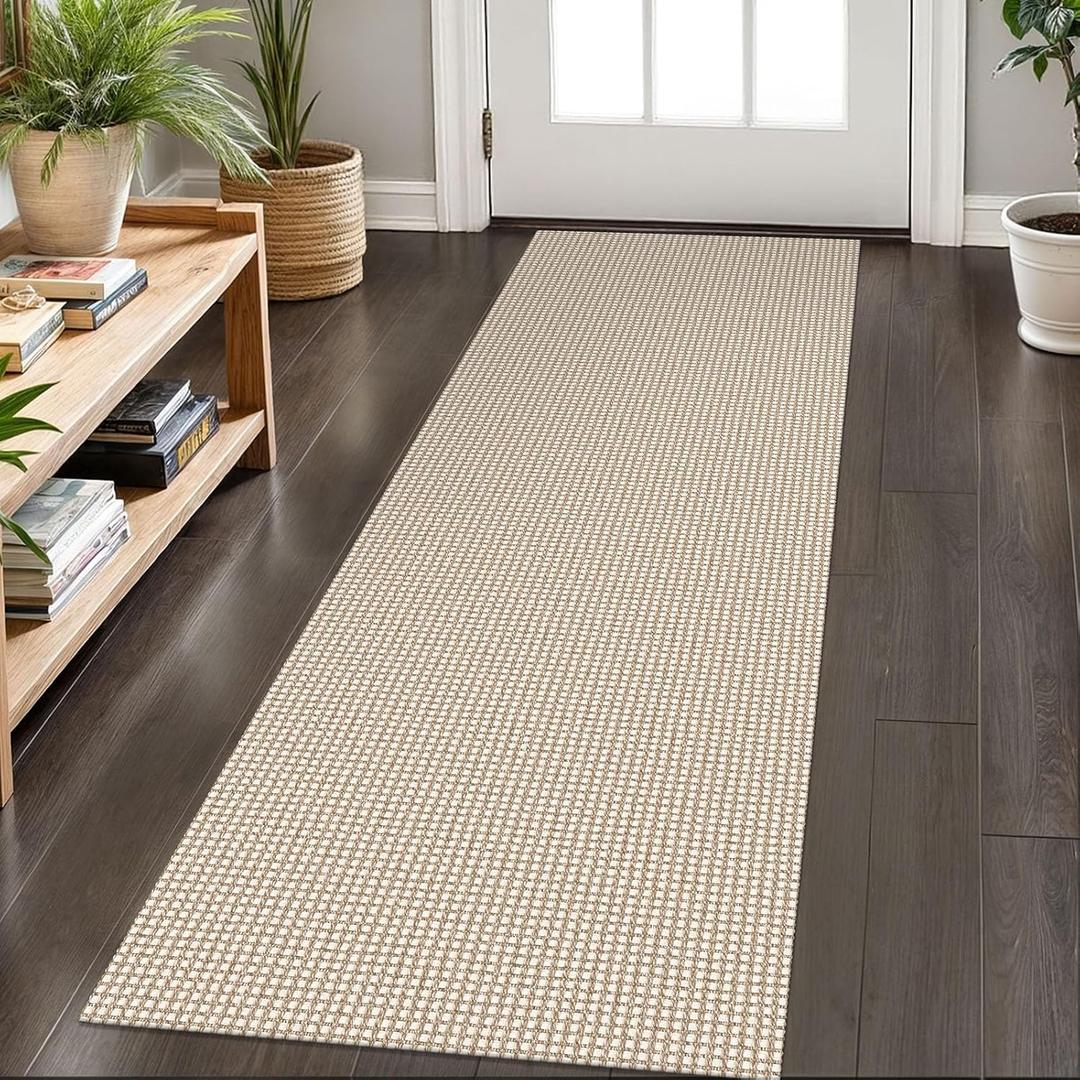 KOZYFLY Runners for Hallways 2x6 ft Washable Kitchen Runner Non Slip Rubber Backed Hall Runners Cotton Entryway Runner Rugs Floor Carpet for Indoor Backdoor Bedroom Kitchen, Ivory/Khaki