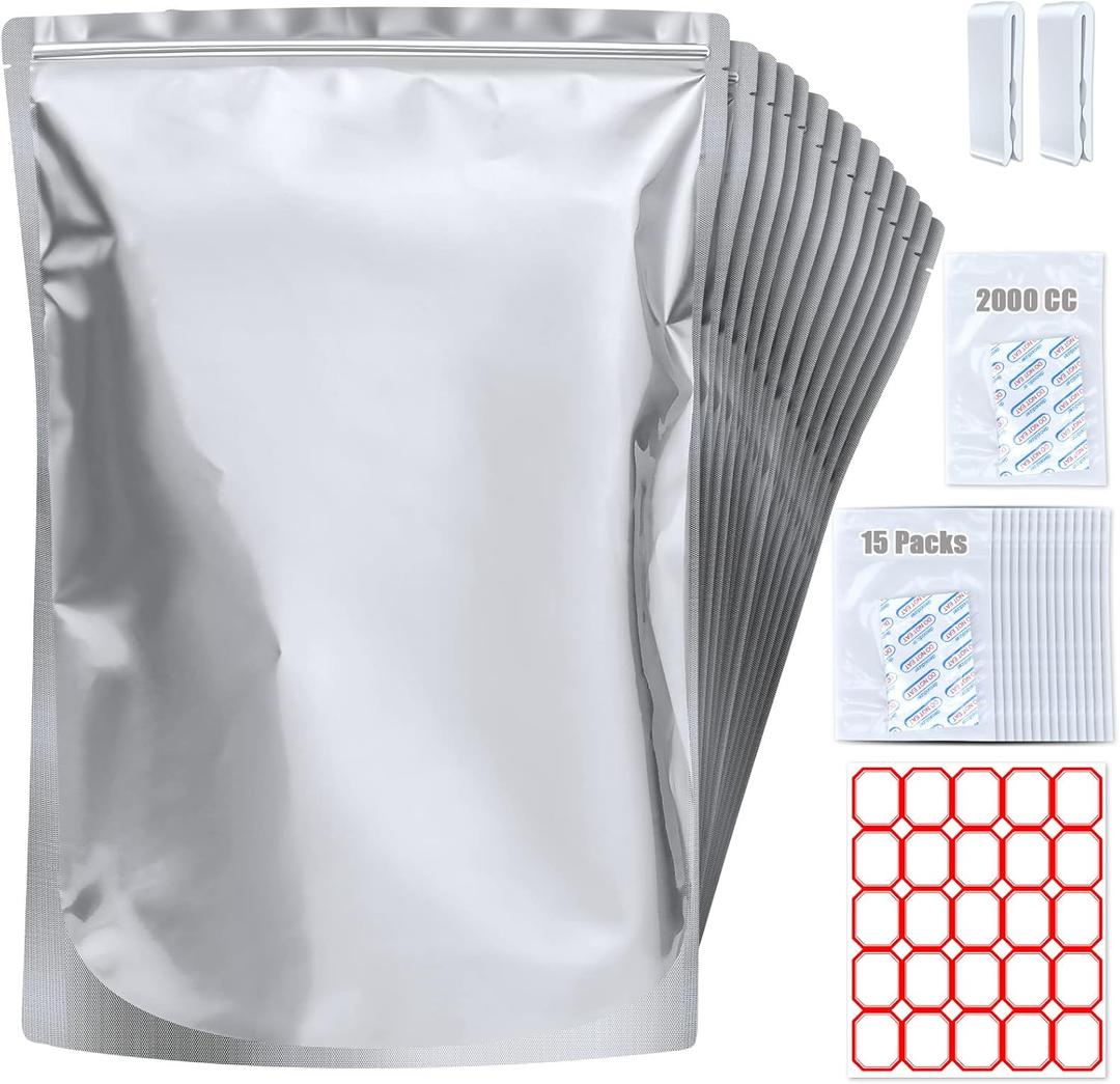 15 Pack 5 Gallon Mylar Bags with Oxygen Absorbers - 10.5 Mil Mylar Bags for Food Storage with 15 Single Sealed 2000cc Oxygen Absorbers & Labels & Clips - for Long Term Food Storage
