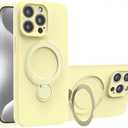 360° Spin Invisible Magnetic Stand for iPhone 16 Pro Max Case Silicone Supports Wireless Charging Full Camera Protection Shockproof 16 Pro Max Case Women Men Soft Touch Liquid Silicone Cover, Yellow