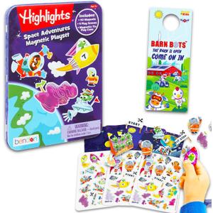 Highlights Activity Box Magnetic Play Set - Bundle with Magnetic Create A Scene Creation Board Tin Featuring Outer Space and More Plus Door Hanger