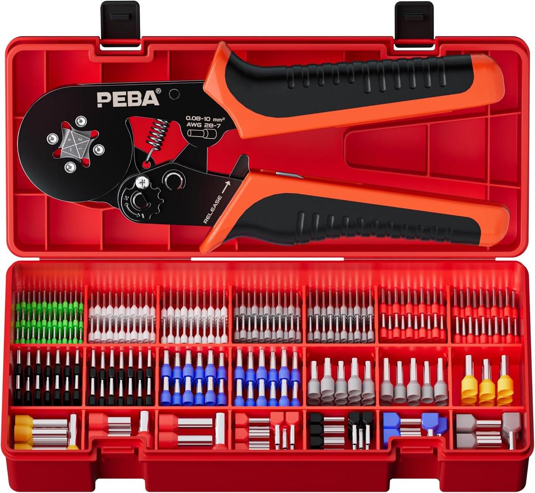PEBA Ferrule Crimping Tool Kit, 21 Sizes Tinned Copper Wire Ferrules, Square Ratcheting Crimper AWG 287, Self-Adjusting Electrical Crimp Tool with Double-Layer Storage Case for Professional Wiring