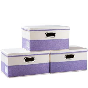 PRANDOM Collapsible Storage Bin with Lid [Pack of 3] Fabric Foldable Storage Box Organizer Container Basket Cube with Cover for Home Bedroom Closet Office Nursery Purple&Cream (14.9x9.8x9.8)