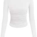 PRETTYGARDEN Long Sleeve Shirts for Women 2026 Fall Ruched Sides Boat Neck Basic Tee Casual Fitted Ribbed Knit Crop Tops Small