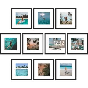 upsimples 12x12 Picture Frame Set of 10, Display Pictures 8x8 with Mat or 12x12 Without, Multi Photo Frames Collage for Wall or Tabletop Display, Black