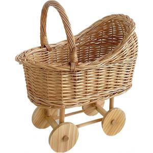 Woven Rattan Stroller Shaped Flower Basket with Handle, Versatile Trolley Decorative Flower Basket, Wicker Baby Carriage, Handwoven for Weddings, Baby Showers, Floral Arrangements