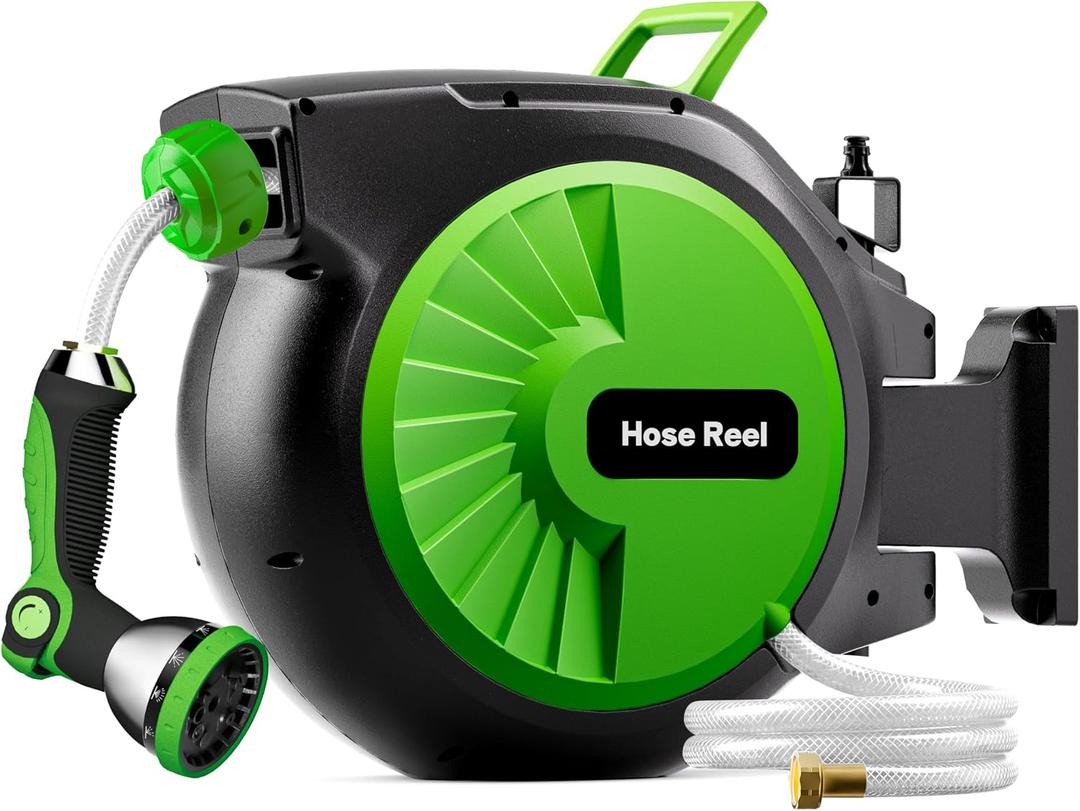 Retractable Garden Hose Reel 100FT x 5/8 in, Wall Mount Water Hose Reel for Outside with Auto Rewind, Tangle-Free Guide, 180 Swivel Bracket, Lock at Any Length, High-Pressure Flow, 10-Pattern Nozzle