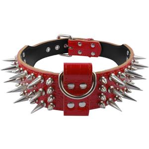 PET ARTIST 2" Wide Luxury Sharp Spiked Dog Collar, Durable Anti-Biting PU Leather Dog Collar for Medium Dogs, Red, M, Neck for 17-20"