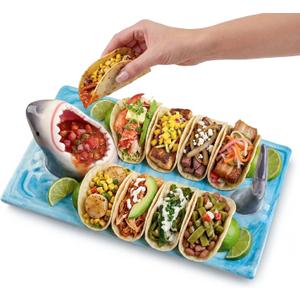 Shark Charcuterie Board, Shark Fish Sushi Plates, Handmade Ceramic Taco Holder, Funny Sharks Party Decorations Platter Tray with Dipping Sauce Bowl, Holiday Birthday Gifts for Sharks Party Lovers