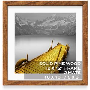 12x12 Picture Frames Solid Wood Display Pictures 10x10 or 8x8 with Mat or 12x12 without Mat - 12x12 Inch Square Photo Frames with 2 Mats for Wall or Tabletop Mount, 1 Pack