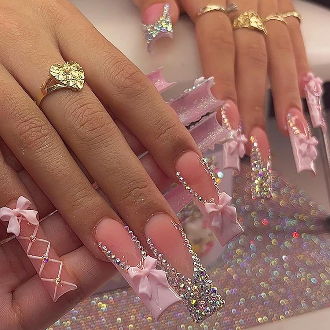 Press on Nails Long Coffin Shaped Acrylic Glossy Full Cover Long Square French False Nails with Designs Artificial Extra Long Fake Nails with Charms Glue ons Fingernails for Women(XG10187)