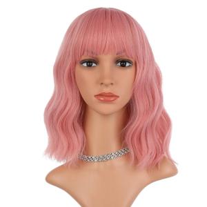 eNilecor Pink Wig, Short Colorful Synthetic Curly Pastel Wigs with Air Bangs for Women (14" Pink)