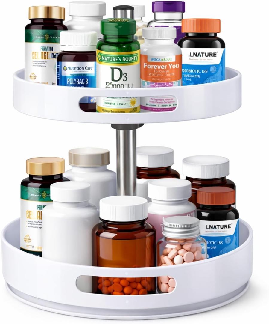 Pill Bottle Organizer, 2 Tier Lazy Susan Organizer, Rotating Spice Rack Organizers for Cabinet, Turntable Organization and Storage for Medicine Cabinet Bottle Pantry Countertop (White)