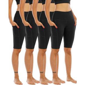 WHOUARE 4 Pack Biker Yoga Shorts with Pockets for Women,High Waisted Athletic Running Workout Gym Shorts Tummy Control (Black, XXXL)