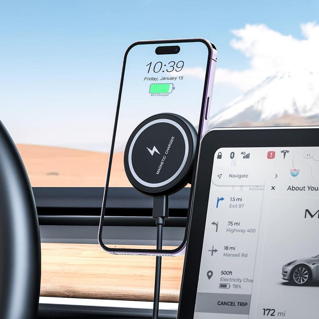 Fast Charging Wireless Car Charger Mount, Magnetic Foldable Car Phone Holder for Tesla Model 3/Y Designed for MagSafe Compatible with iPhone 12/13/14 Series