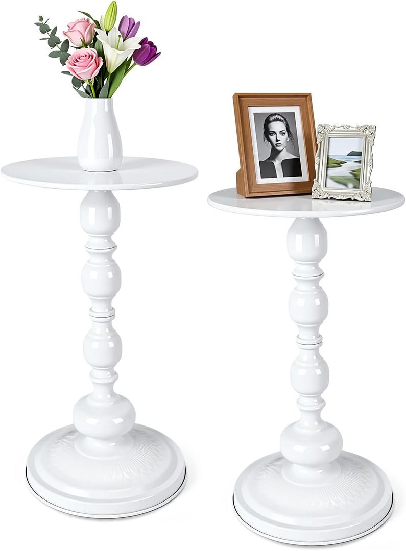 Novabright 2 Set Small Round Side Tables Metal End Table Coffee Drink Table for Small Space Matte Drink Accent Tables Vintage Roman Style for Living Room, Bedroom, Narrow Corners, Sofa Couch (White)