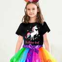Doctor Unicorn Birthday Girls Unicorn Costume Outfit Rainbow Tutu, Unicorn T-shirt, Satin Sash, Hair Bow & Headband Rainbow/Black Unicorn Shirt, 4-5 Years