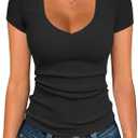 Albe Rita Women Short Sleeve T-Shirt Cap V Neck Shirts for Women Ribbed Casual Top Knit Slim Fit for Summer (Black, L)