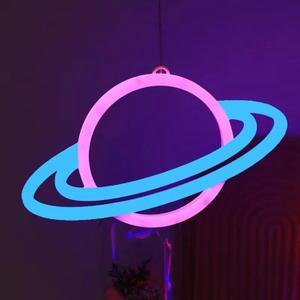RLQXSYS Double Ring Planet Neon Sign,2 Color Modes LED Wall Light with USB/Battery Power for Home, Office, Party Decor Space Art Gift