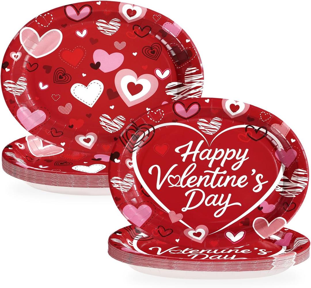 50Pcs Valentine's Day Oval Paper Plates 10" x 12" Large Red Pink Hearts Plates Disposable Heavy Duty Red Pink & White Heart Platters for Valentines Day Wedding Anniversary Engagement Party Decorations