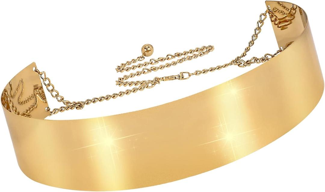 XZQTIVE Metal Waist Belt Women Shiny Polished Mirror Chain Belts Metallic Waistband Adjustable Body Link Dress Belts (Gold/2.36''width-58cm Metal Plate+67cm Chain)