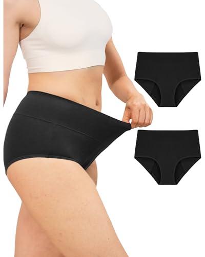Neione Women Incontinence Underwear, Cotton Leakproof Panties for Heavy Flow Period & Postpartum, High-Waisted Full Briefs 2 Pack Black XL