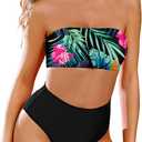 Pink Queen Women's Removable Strap Wrap Pad Cheeky High Waist Bikini Set Swimsuit (X-Large, 02 - Floral Black)